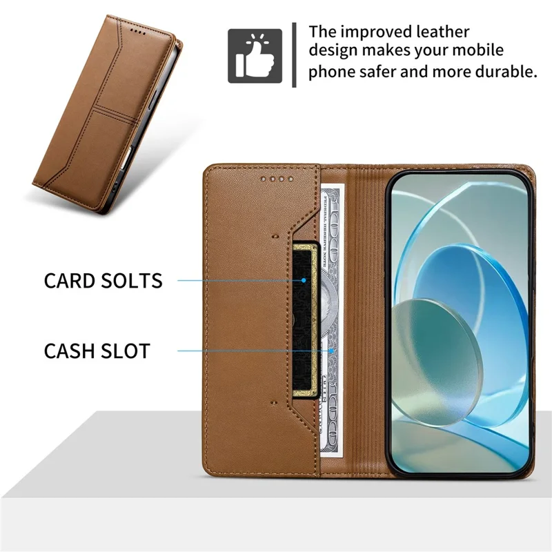 For Realme 16 Pro+ 5G Wallet Stand Case Line Splicing TPU PU Leather Phone Cover - Brown