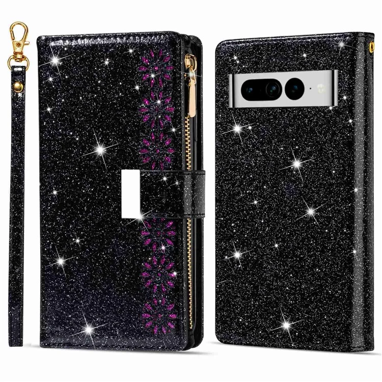 For Google Pixel 7 Pro 5G Zipper Wallet Stand PU Leather Phone Case Flip Laser Carving Glittery Starry Style Shockproof Phone Cover with Strap - Black