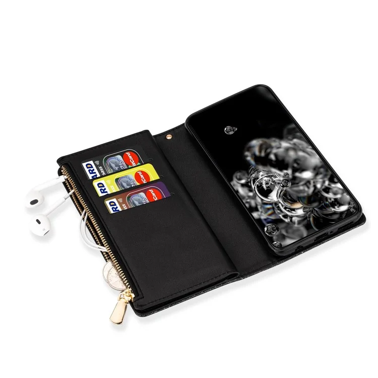 For Google Pixel 7 Pro 5G Zipper Wallet Stand PU Leather Phone Case Flip Laser Carving Glittery Starry Style Shockproof Phone Cover with Strap - Black