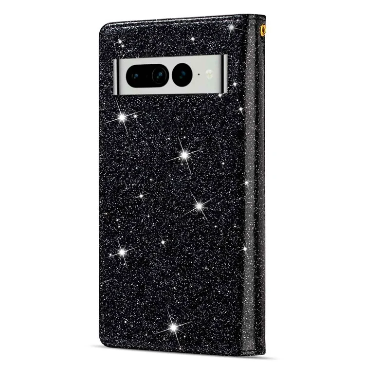 For Google Pixel 7 Pro 5G Zipper Wallet Stand PU Leather Phone Case Flip Laser Carving Glittery Starry Style Shockproof Phone Cover with Strap - Black