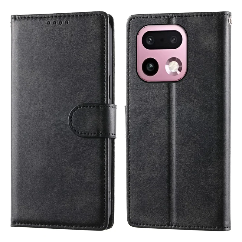 Phone Case For Realme 16 Pro+ 5G Stand Wallet Calf Texture PU Leather Flip Phone Cover with Wrist Strap - Black