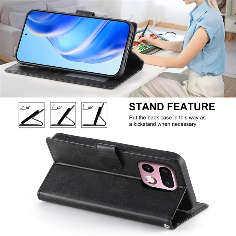 Phone Case For Realme 16 Pro+ 5G Stand Wallet Calf Texture PU Leather Flip Phone Cover with Wrist Strap - Black