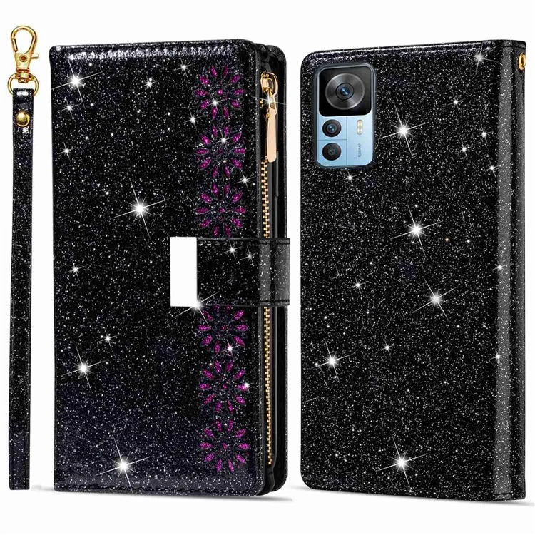 For Xiaomi 12T 5G / 12T Pro 5G / Redmi K50 Ultra 5G Zipper Wallet Stand Anti-drop PU Leather Phone Case Flip Laser Carving Glittery Starry Style Phone Cover with Strap - Black