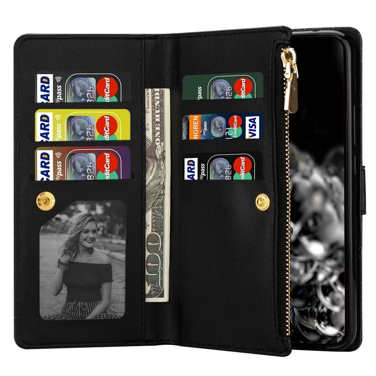 For Xiaomi 12T 5G / 12T Pro 5G / Redmi K50 Ultra 5G Zipper Wallet Stand Anti-drop PU Leather Phone Case Flip Laser Carving Glittery Starry Style Phone Cover with Strap - Black