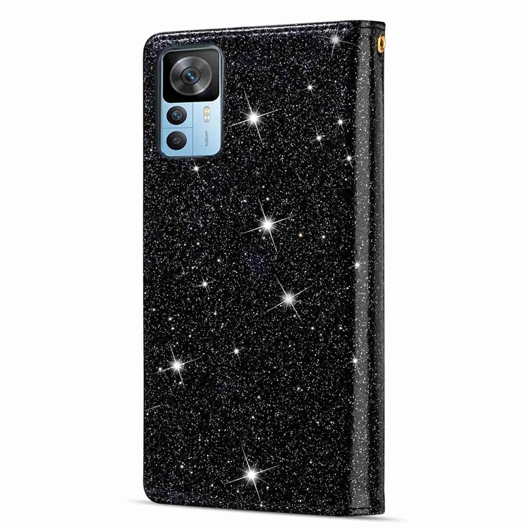 For Xiaomi 12T 5G / 12T Pro 5G / Redmi K50 Ultra 5G Zipper Wallet Stand Anti-drop PU Leather Phone Case Flip Laser Carving Glittery Starry Style Phone Cover with Strap - Black