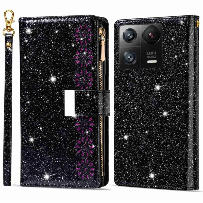 For Xiaomi 13 Flip Phone Cover Laser Carving Glittery Starry Style Zipper Wallet Stand PU Leather Phone Case with Strap - Black
