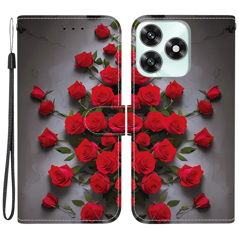 For Honor Play10A 4G  /  X5c Plus 4G  /  X5c 4G Leather Case Stand Wallet Pattern Printing Phone Cover with Wrist Strap - Red Rose