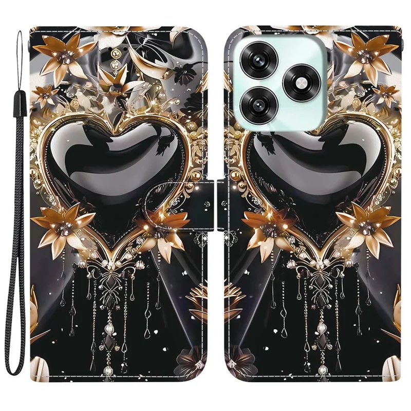 For Honor Play10A 4G  /  X5c Plus 4G  /  X5c 4G Wallet Case Pattern Printing Leather Stand Phone Cover with Strap - Black Gold Heart