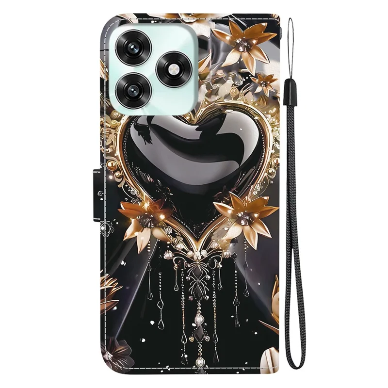 For Honor Play10A 4G  /  X5c Plus 4G  /  X5c 4G Wallet Case Pattern Printing Leather Stand Phone Cover with Strap - Black Gold Heart