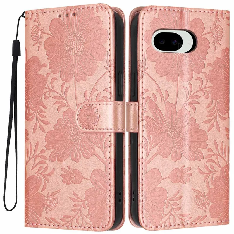 For Google Pixel 10a Wallet Case Imprint Floral PU Leather Stand Flip Phone Cover with Wrist Strap - Rose Gold
