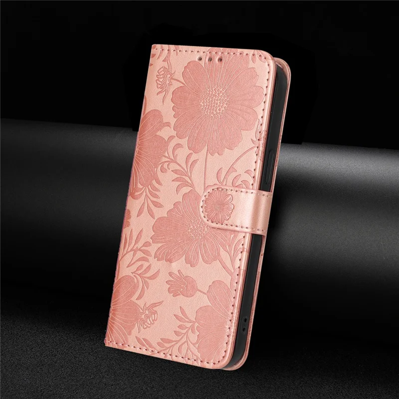 For Google Pixel 10a Wallet Case Imprint Floral PU Leather Stand Flip Phone Cover with Wrist Strap - Rose Gold