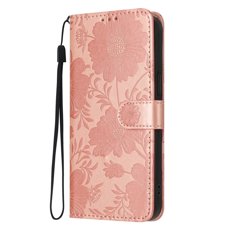 For Google Pixel 10a Wallet Case Imprint Floral PU Leather Stand Flip Phone Cover with Wrist Strap - Rose Gold