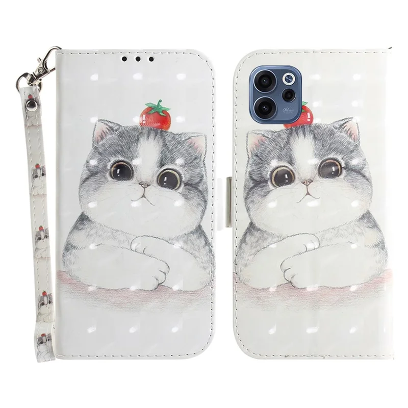 For Oppo Reno15 F 5G Case Pattern Printing Leather Wallet Phone Cover with Wrist Strap - Cute Cat