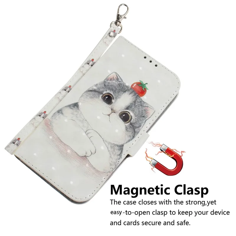 For Oppo Reno15 F 5G Case Pattern Printing Leather Wallet Phone Cover with Wrist Strap - Cute Cat