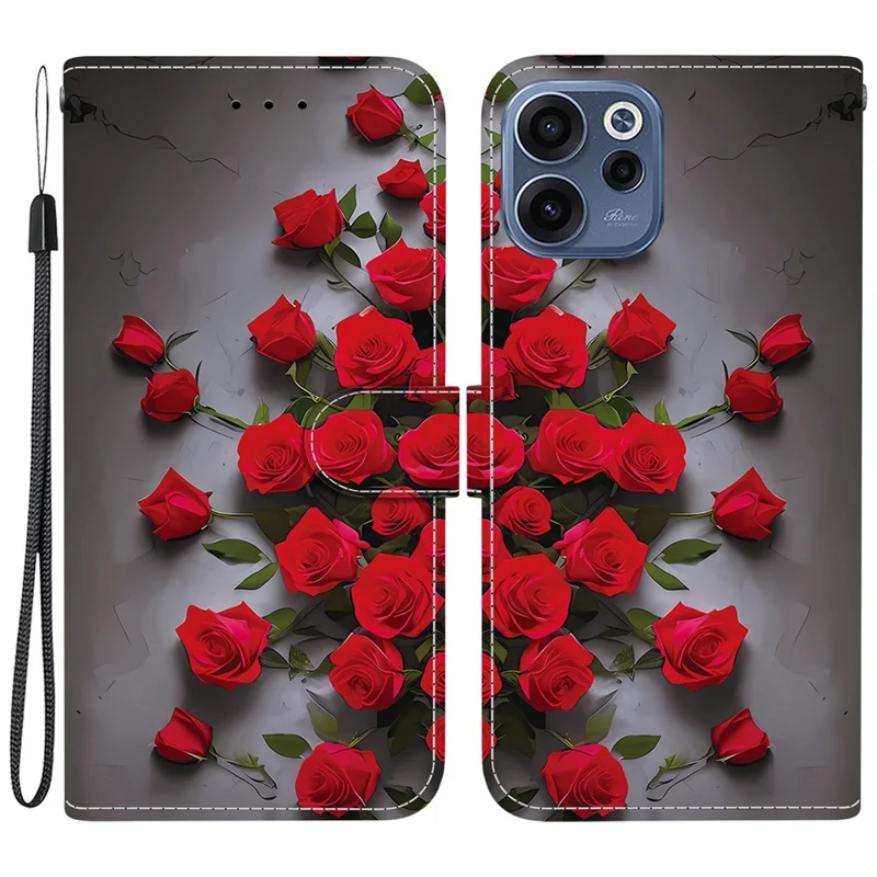 For Oppo Reno15 F 5G Leather Case Stand Wallet Pattern Printing Phone Cover with Wrist Strap - Red Rose