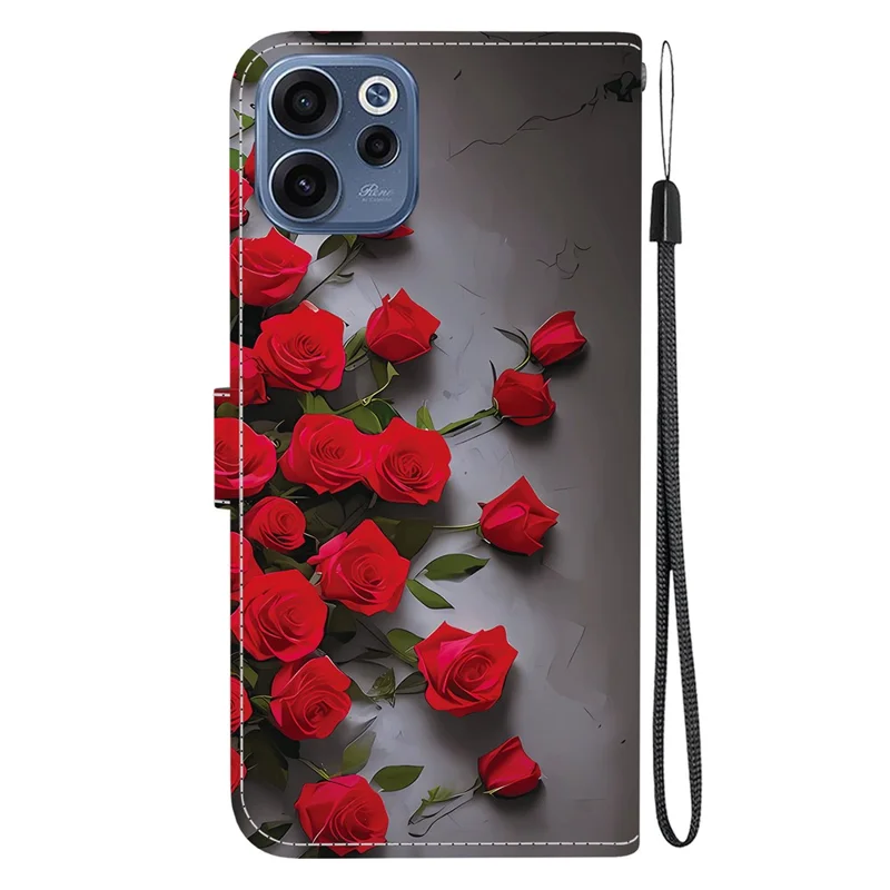 For Oppo Reno15 F 5G Leather Case Stand Wallet Pattern Printing Phone Cover with Wrist Strap - Red Rose