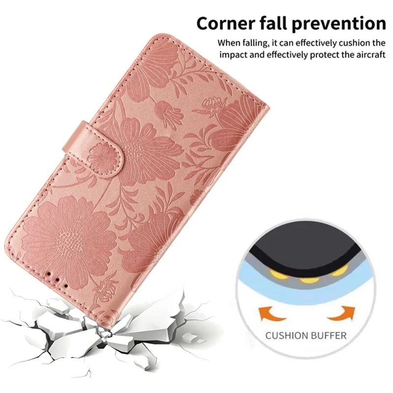 For Google Pixel 9a Wallet Case Imprint Floral PU Leather Stand Flip Phone Cover with Wrist Strap - Rose Gold