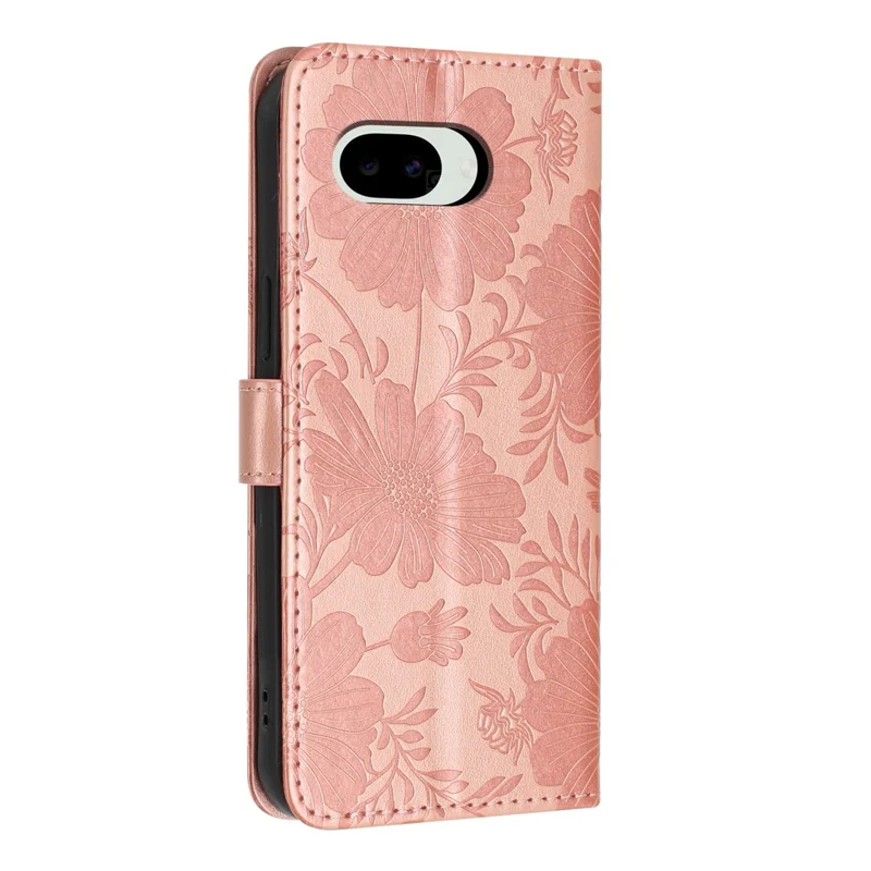 For Google Pixel 9a Wallet Case Imprint Floral PU Leather Stand Flip Phone Cover with Wrist Strap - Rose Gold