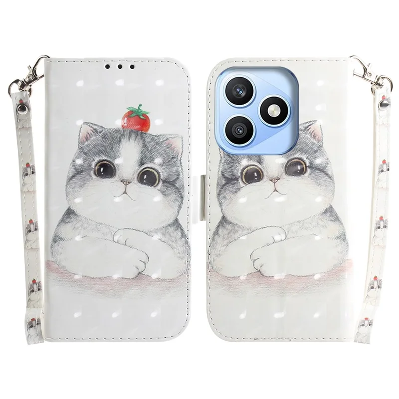 For Honor X8d 4G Case Pattern Printing Leather Wallet Phone Cover with Wrist Strap - Cute Cat