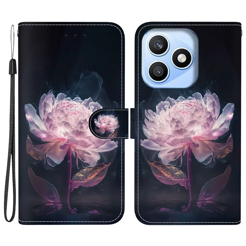 For Honor X8d 4G Wallet Phone Case Anti-Drop Pattern Printing Leather Flip Cover with Strap - Purple Peony