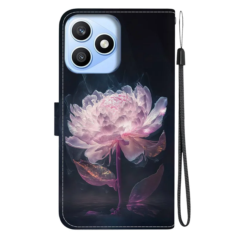For Honor X8d 4G Wallet Phone Case Anti-Drop Pattern Printing Leather Flip Cover with Strap - Purple Peony