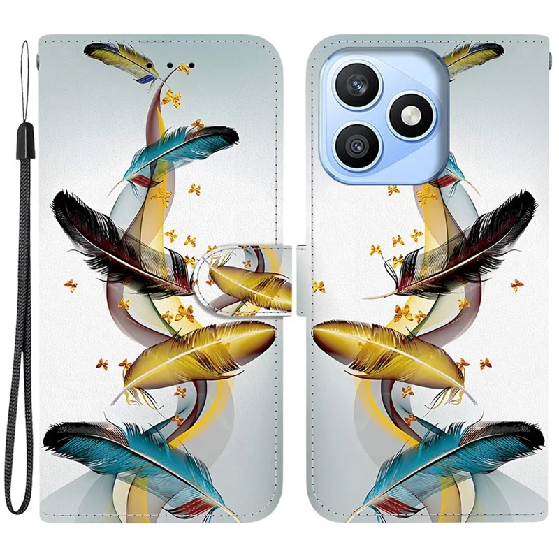 For Honor X8d 4G Case Pattern Printing Leather Flip Wallet Phone Cover with Lanyard - Golden Butterfly Feather