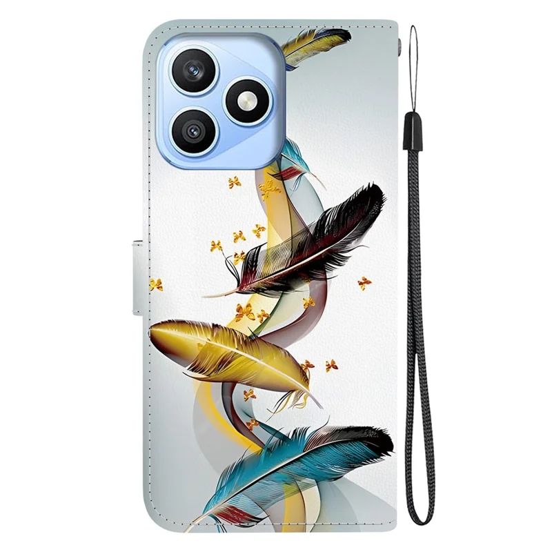 For Honor X8d 4G Case Pattern Printing Leather Flip Wallet Phone Cover with Lanyard - Golden Butterfly Feather