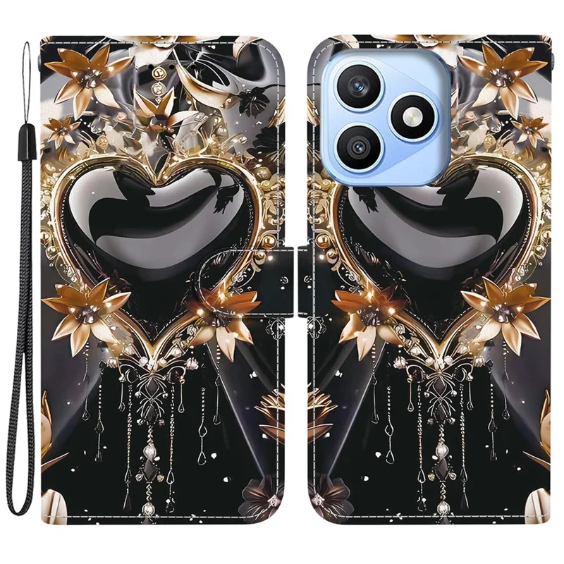 Cover per telefono con portafoglio per Honor X8d 4G, custodia in pelle con stampa a motivo, supporto pieghevole e cinturino - Nero Oro Cuore