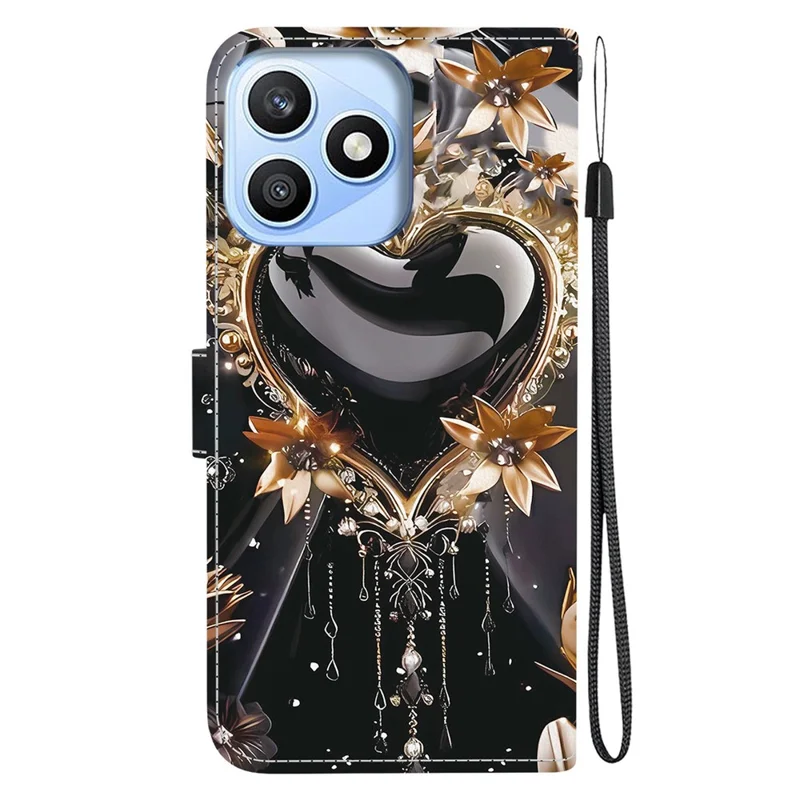 Cover per telefono con portafoglio per Honor X8d 4G, custodia in pelle con stampa a motivo, supporto pieghevole e cinturino - Nero Oro Cuore