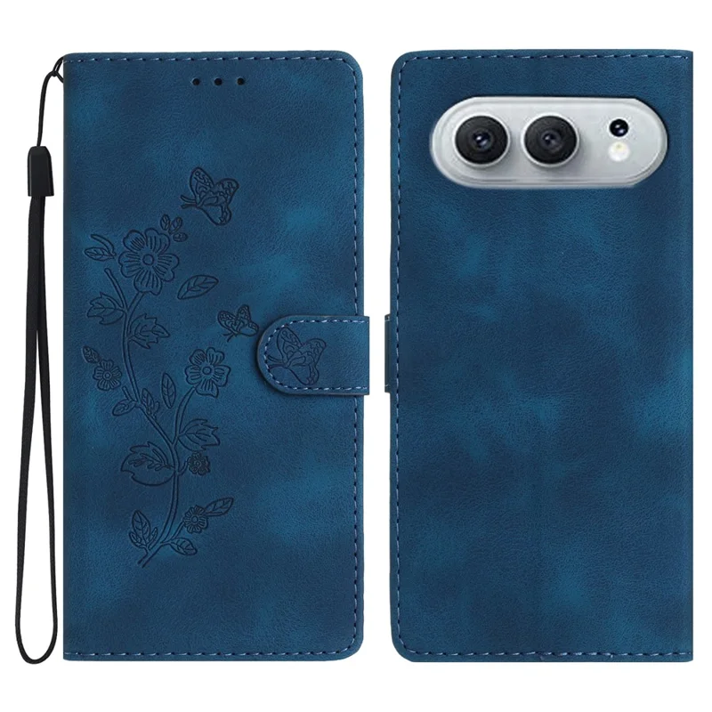 Leather Case For Honor 600 5G Imprinted Flower Phone Cover with Wrist Strap - Blue