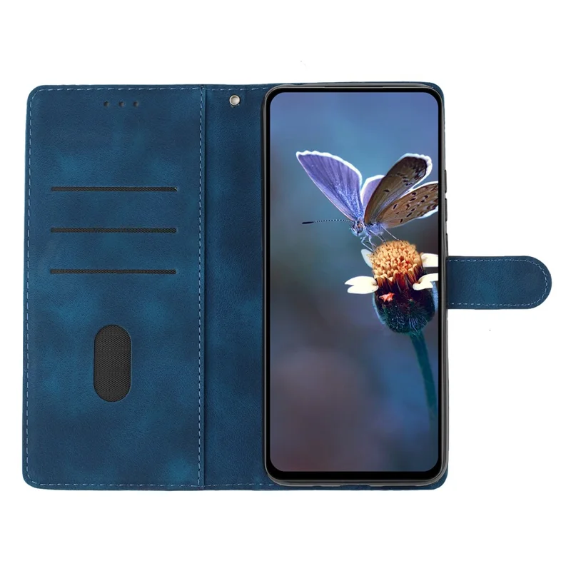 Leather Case For Honor 600 5G Imprinted Flower Phone Cover with Wrist Strap - Blue