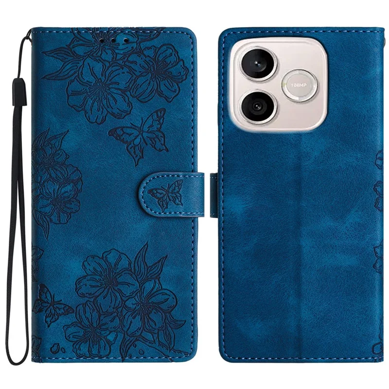 For Honor 600 Lite 5G Case Butterfly Flower Pattern Skin-Touch Leather Phone Cover - Blue