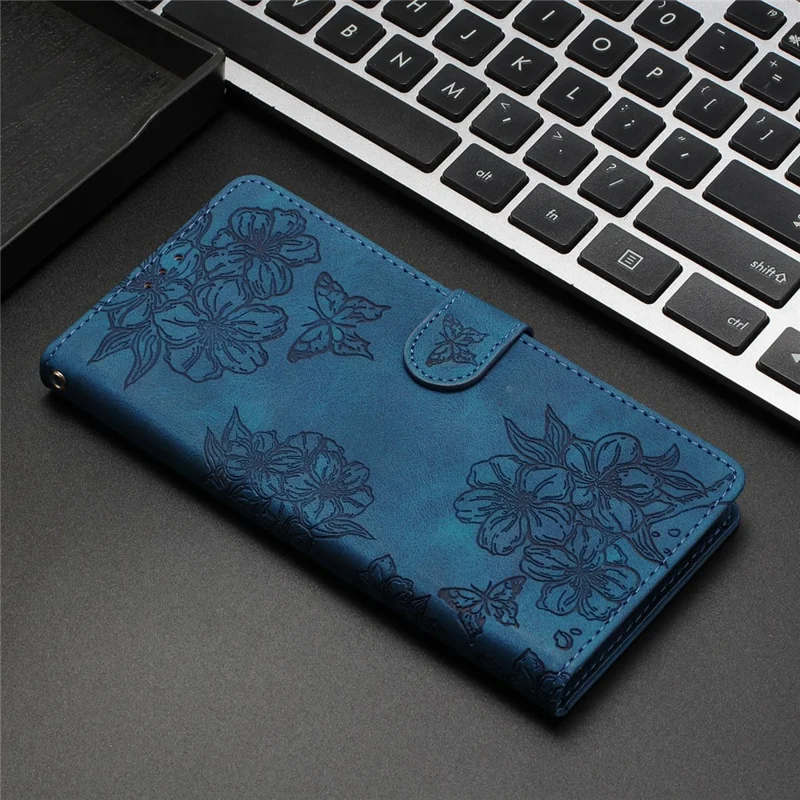 For Honor 600 Lite 5G Case Butterfly Flower Pattern Skin-Touch Leather Phone Cover - Blue