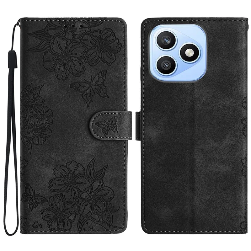 For Honor X8d 4G Case Butterfly Flower Pattern Skin-Touch Leather Phone Cover - Black