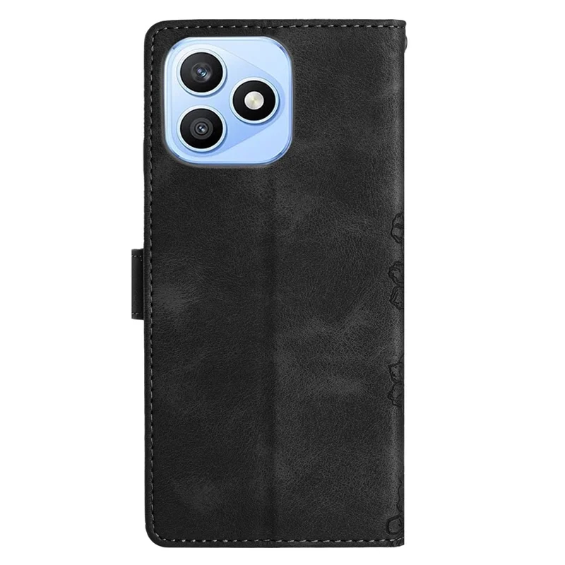 For Honor X8d 4G Case Butterfly Flower Pattern Skin-Touch Leather Phone Cover - Black