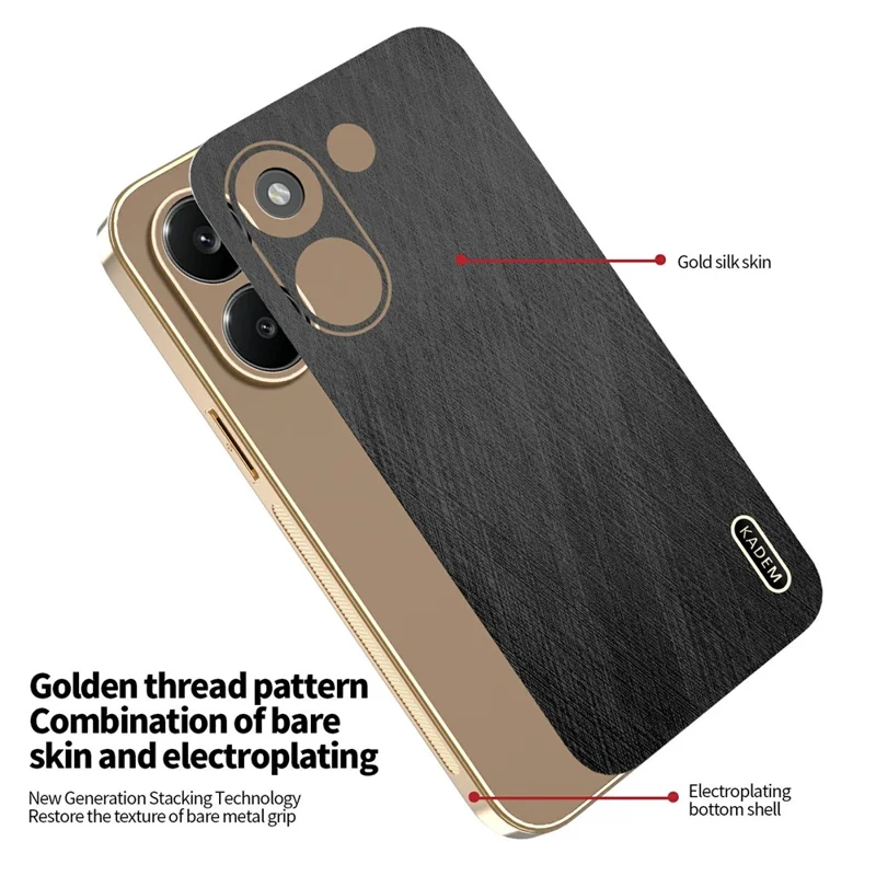 KADEM For Xiaomi Redmi Turbo 5 5G Case Electroplating Silk Texture PU + TPU Phone Back Cover - Black