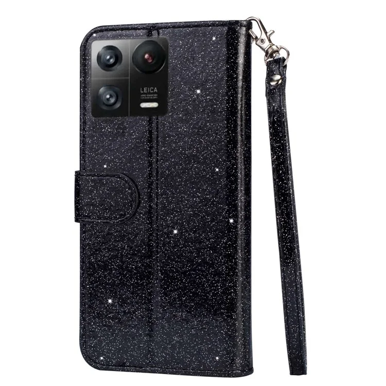 For Xiaomi 13 Pro 5G Zipper Pocket Glittery Sequins Phone Cover Full Protection PU Leather Wallet Stand Case - Black
