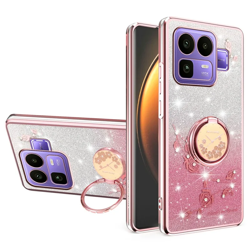 KADEM For Realme Neo8 5G Case Ring Kickstand TPU Flowers Phone Cover Gradient Glitter - Pink