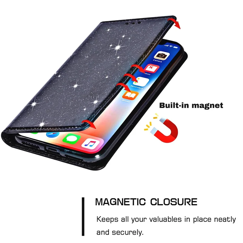 For Xiaomi 13 Slim Card Holder Stand Phone Cover Glitter Powder PU Leather Cell Phone Case with Magnetic Auto-absorbed Closure - Black