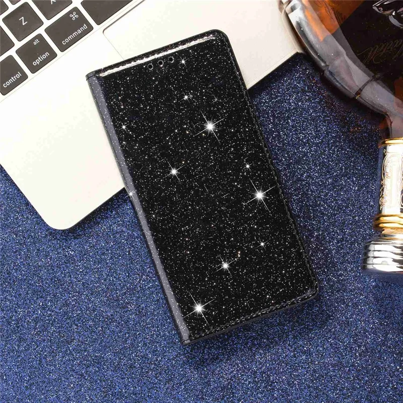 For Xiaomi 13 Slim Card Holder Stand Phone Cover Glitter Powder PU Leather Cell Phone Case with Magnetic Auto-absorbed Closure - Black