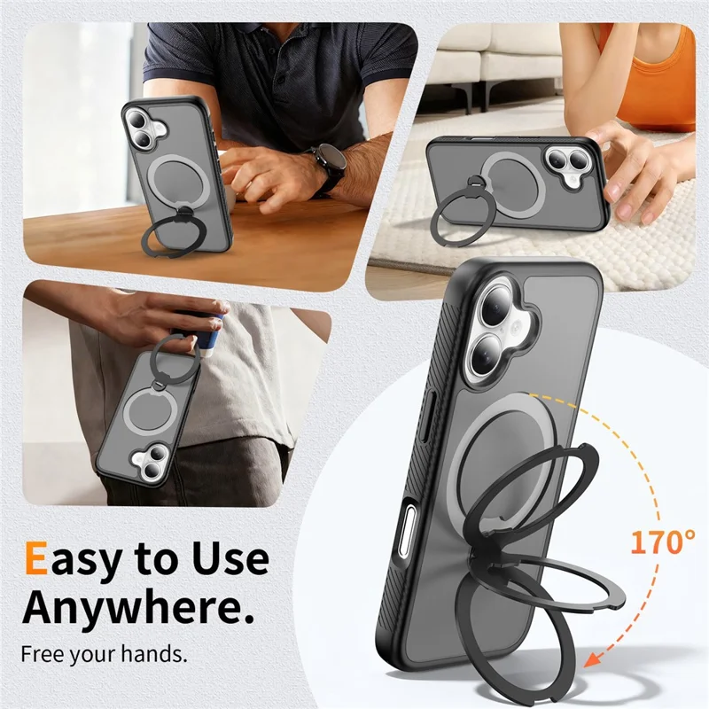 For iPhone 17 Magnetic Case Compatible with MagSafe Rotary Kickstand PC + TPU Shockproof Phone Cover - Black