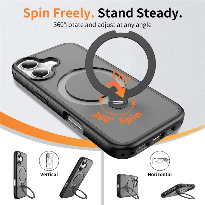 For iPhone 17 Magnetic Case Compatible with MagSafe Rotary Kickstand PC + TPU Shockproof Phone Cover - Black