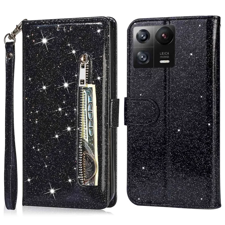 For Xiaomi 13 Glitter Sparkly Flip Folio PU Leather Phone Case Zipper Pocket Magnetic Wallet Stand Cover with Strap - Black