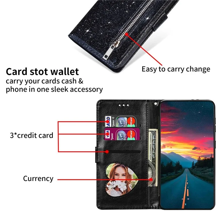 For Xiaomi 13 Glitter Sparkly Flip Folio PU Leather Phone Case Zipper Pocket Magnetic Wallet Stand Cover with Strap - Black