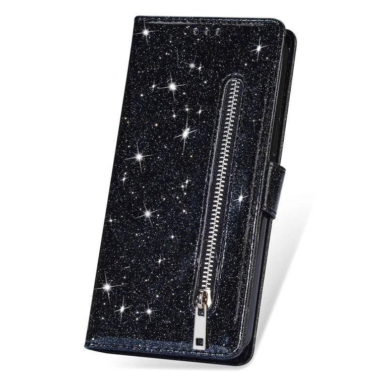 For Xiaomi 13 Glitter Sparkly Flip Folio PU Leather Phone Case Zipper Pocket Magnetic Wallet Stand Cover with Strap - Black