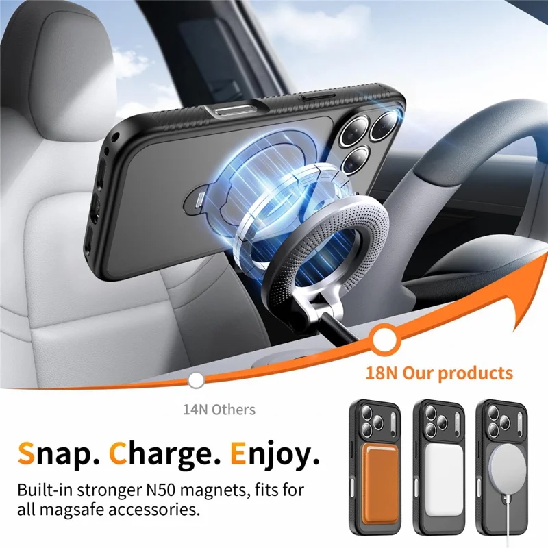 Étui magnétique pour iPhone 17 Pro compatible MagSafe avec support pivotant intégré, coque anti-choc en PC + TPU - Noir