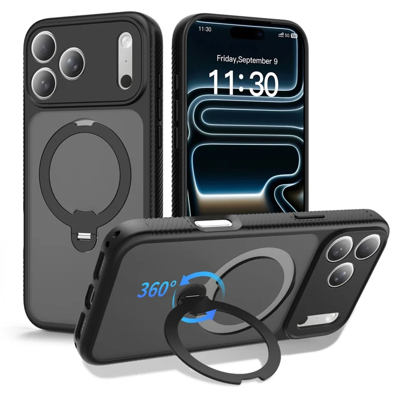 Funda magnética para iPhone 17 Pro Max compatible con MagSafe con soporte giratorio de anillo PC + TPU funda antichoque - Negro