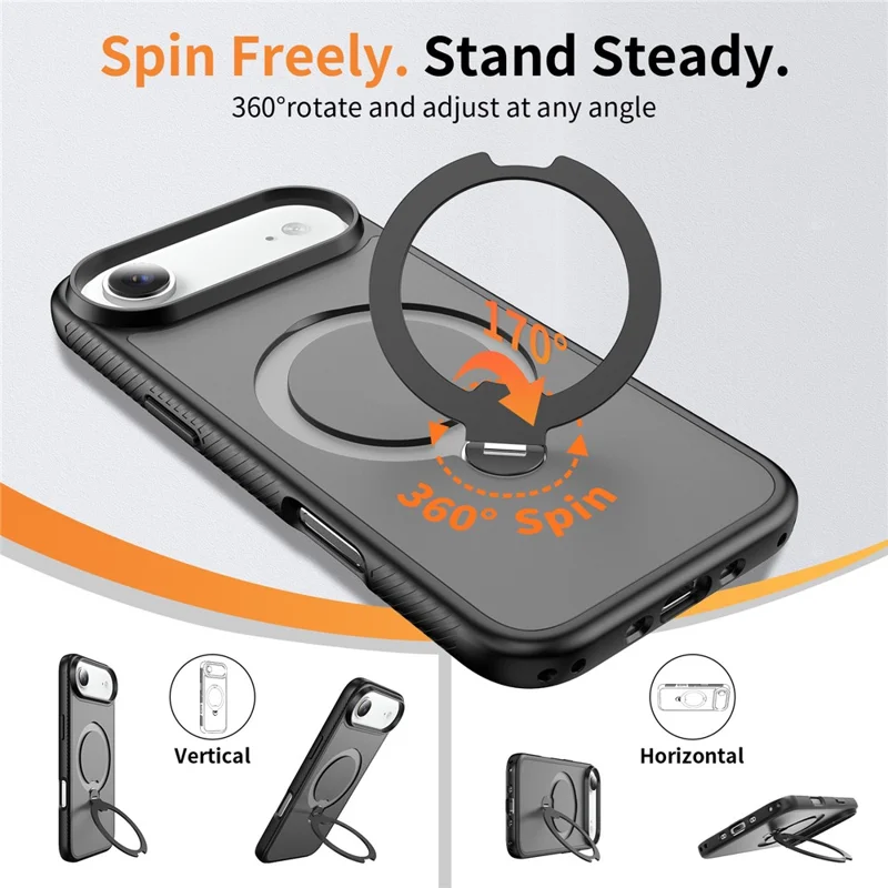 For iPhone Air Magnetic Case Compatible with MagSafe Rotary Kickstand PC + TPU Shockproof Phone Cover - Black