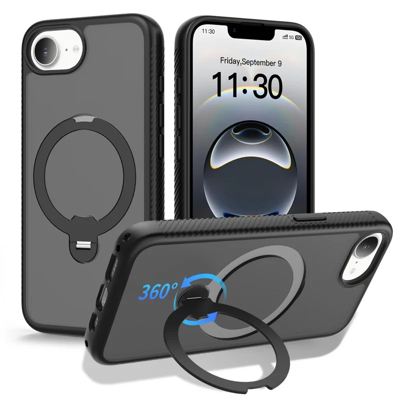 For iPhone 17e / 16e Magnetic Case Compatible with MagSafe Rotary Kickstand PC + TPU Shockproof Phone Cover - Black
