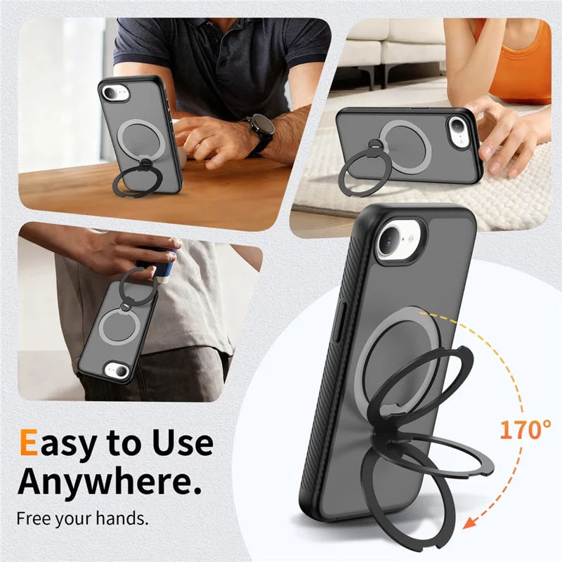 For iPhone 17e / 16e Magnetic Case Compatible with MagSafe Rotary Kickstand PC + TPU Shockproof Phone Cover - Black
